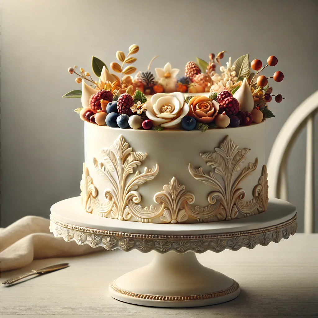 A beautifully decorated cake displayed on an elegant cake stand, featuring smooth frosting, delicate piping, and colorful toppings like berries and edible flowers. The clean, softly lit background highlights the cake as the centerpiece, creating an inviting and appetizing scene.